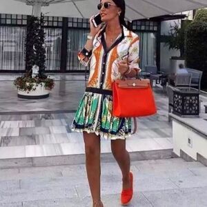 Collared Rope Print Long-Sleeved Mini Dress with Pleated Skirt & Gold Buttons